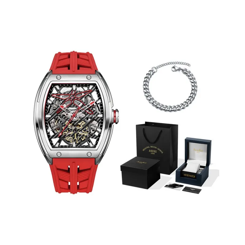AOUKE Mechanical Movement Silicone Strap Watch Men's Watches Cut-Out Dial-18