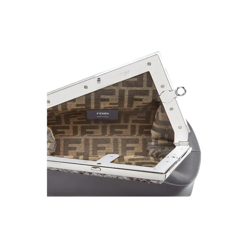 FENDI Fendi First Python Skin With Sheepskin Accents One Shoulder Crossbody Clutches Small Size Women's Gray-4