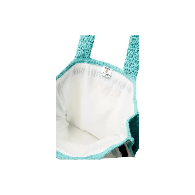 CASABLANCA Cotton Tote Bag, Shopping Bag, Handbag, Shoulder Bag Women's Ivory & Turquoise-2