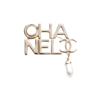 CHANEL 2022 Gold Plated Logo Faux-pearl Brooch
