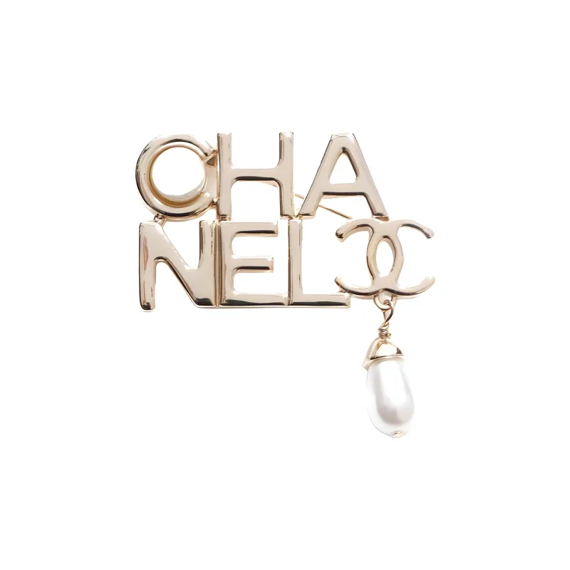CHANEL 2022 Gold Plated Logo Faux-pearl Brooch-0