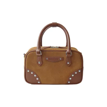 NOX ACTION Cow Leather With Suede Stud Boston Bag, Bowling Bag, Handbag Regular Women's Chestnut Brown