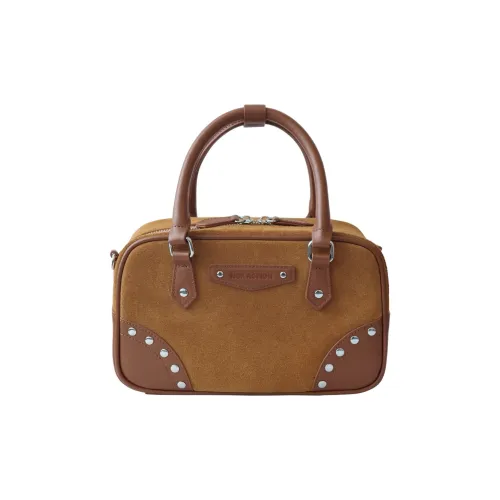 NOX ACTION Cow Leather With Suede Stud Boston Bag, Bowling Bag, Handbag Regular Women's Chestnut Brown