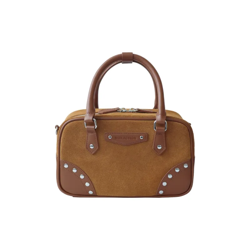 NOX ACTION Cow Leather With Suede Stud Boston Bag, Bowling Bag, Handbag Regular Women's Chestnut Brown-0