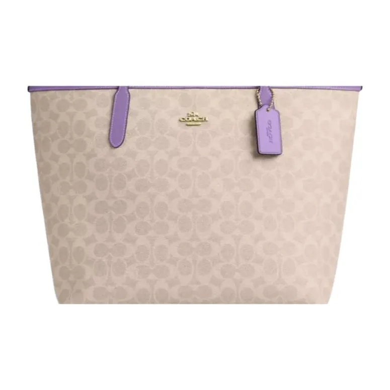 COACH City Coated Canvas Tote Bag, Shopping Bag, Handbag, Shoulder Bag Tubas Women's Beige & Purple-3