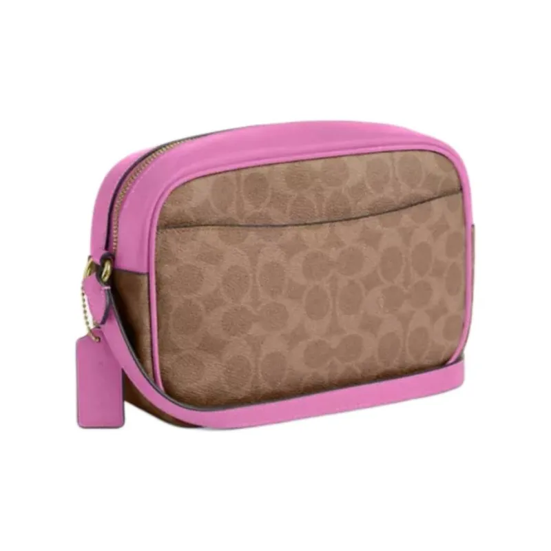 COACH Jamie Coated Canvas Camera Bag, Crossbody Bag, Shoulder Bag Small Size Women's Tan & Pink-1
