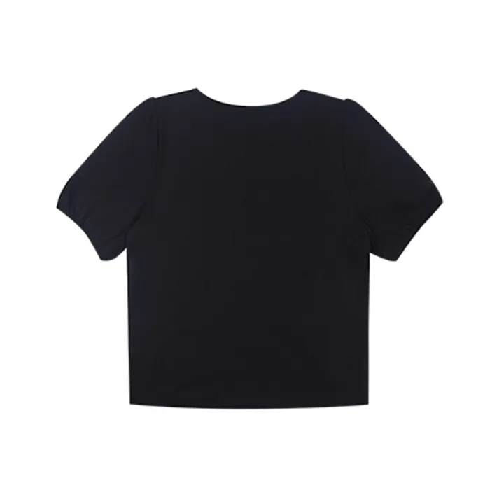 Flowers In Water Puff Sleeve T Shirt Women's Black-0