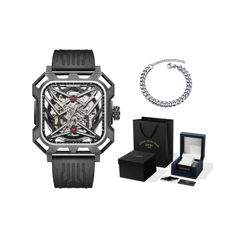 AOUKE Mechanical Movement Silicone Strap Watch Men's Watches Cut Out Dial-9