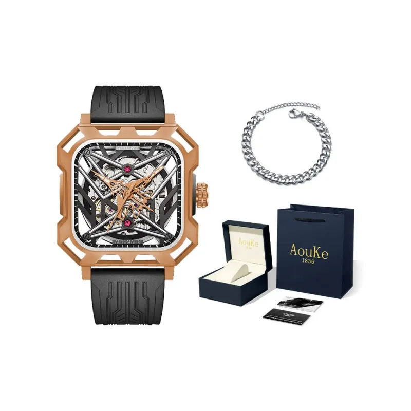 AOUKE Mechanical Movement Silicone Strap Watch Men's Watches Cut Out Dial-20