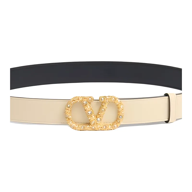 Valentino Brass, Faux Crystal, Cow Leather, Calfskin Leather Belts Women's White Width 3CM-2