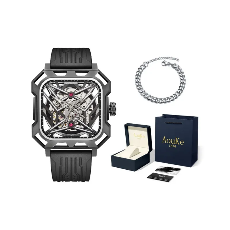 AOUKE Mechanical Movement Silicone Strap Watch Men's Watches Cut Out Dial-3