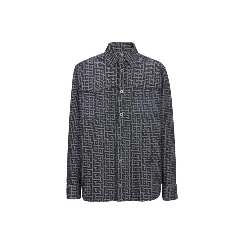 BALMAIN Monogrammed Jacquard Denim Shirt-0
