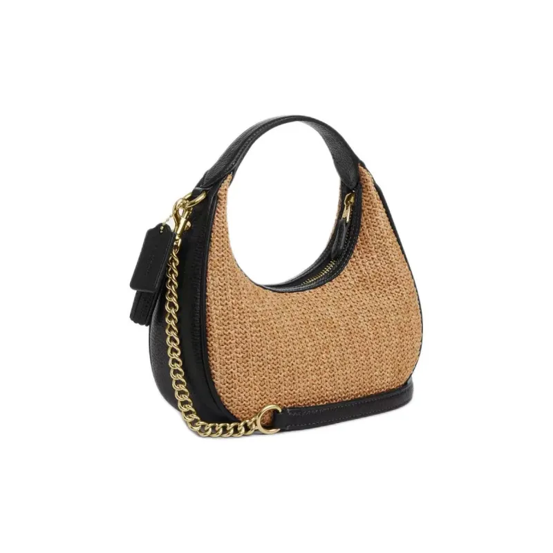 COACH CARMEN Straw With Leather Shoulder Bag, Crossbody Bag, Handbag Mini Women's Khaki & Black-1