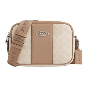 COACH Jamie Canvas With Smooth Leather Camera Bag, Shoulder Bag, Crossbody Bag Small Size Women's Silver & Sand & Taupe