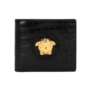 VERSACE Crocodile Pattern Leather Wallet Mini Men's Black
