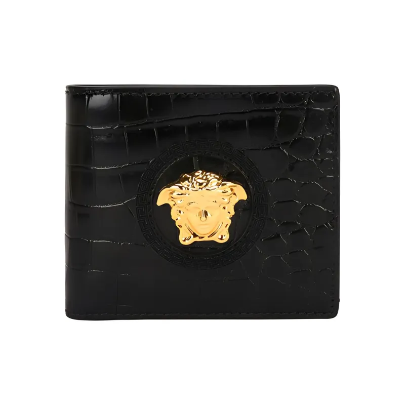 VERSACE Crocodile Pattern Leather Wallet Mini Men's Black-0