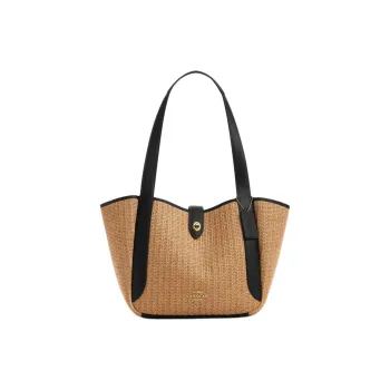 COACH Hadley Straw Woven With Smooth Leather Tote Bag, Shopping Bag, Handbag Women's Brown & Black