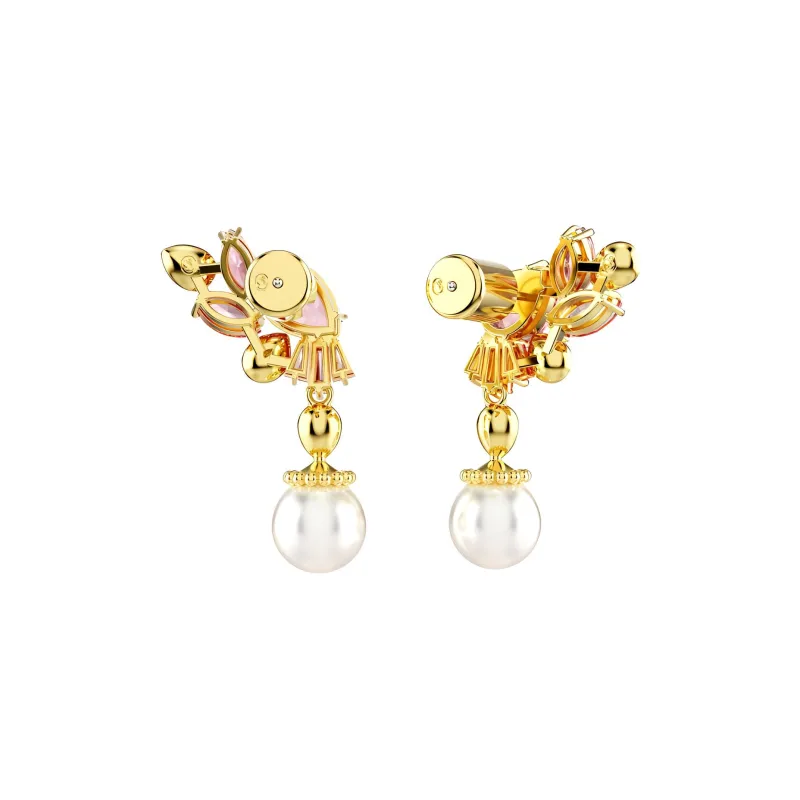 Swarovski Crystal Zircon Pearl Gold-Plated Earrings Women's Red-2