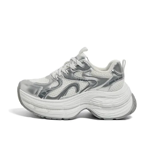 HUANQIU Abrasion Resistant Breathable Height Increasing Low Top Chunky Sneakers Women's White Silver