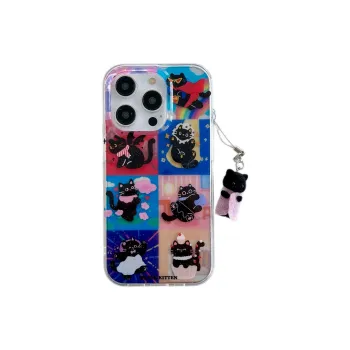 Koman TPU Material Shimmer Powder Grid Black Cat Phone Cases Compatible With Apple IPhone 12/13/14/15/16/Pro/Mac