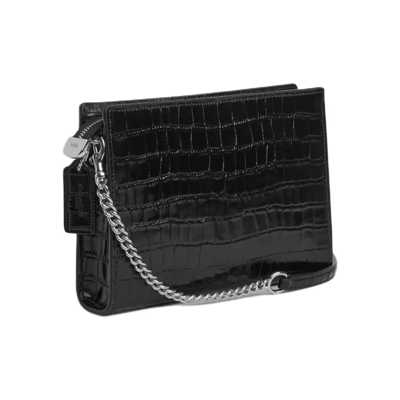 COACH Slim Crossbody Crocodile Pattern Embossed Leather Shoulder Bag, Crossbody Bag Small Size Women's Black-1