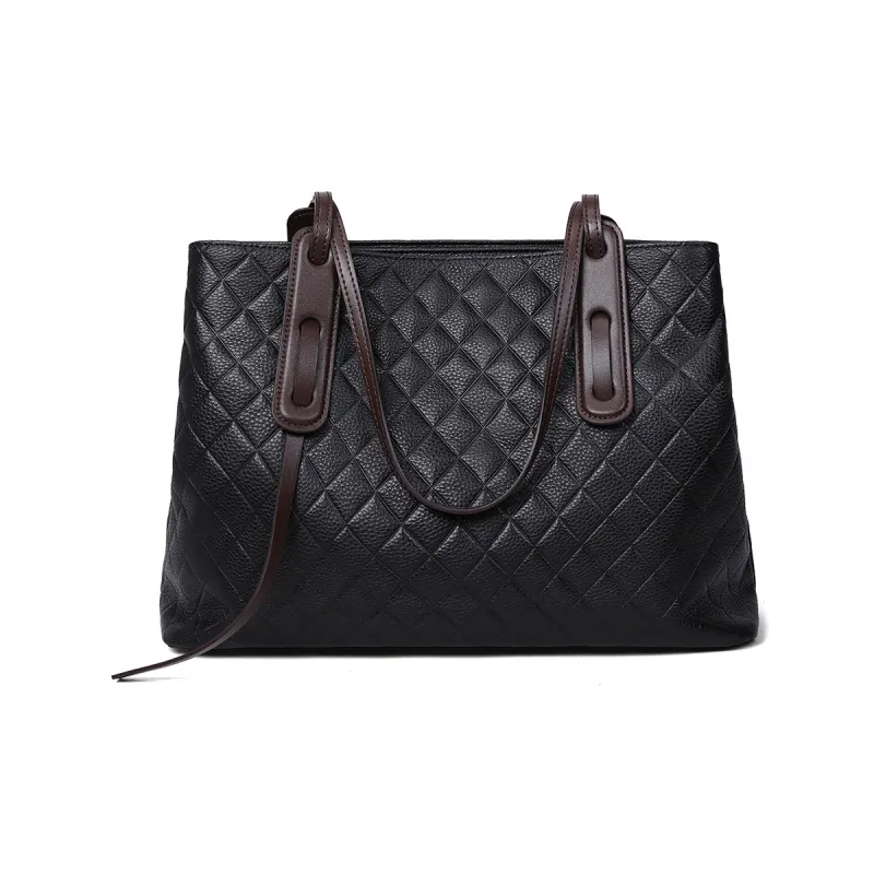 PT'SON Cow Leather Tote Bag, Shopping Bag, Handbag, Shoulder Bag Women's Black-1
