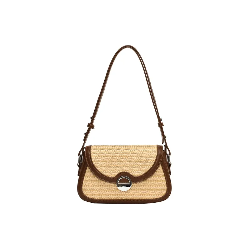 Yalu PU With Straw Woven Shoulder Bag Medium Size Women's Brown/Apricot-5