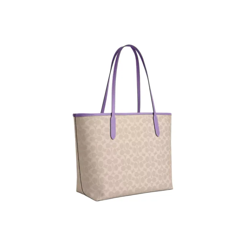 COACH City Coated Canvas Tote Bag, Shopping Bag, Handbag, Shoulder Bag Tubas Women's Beige & Purple-1