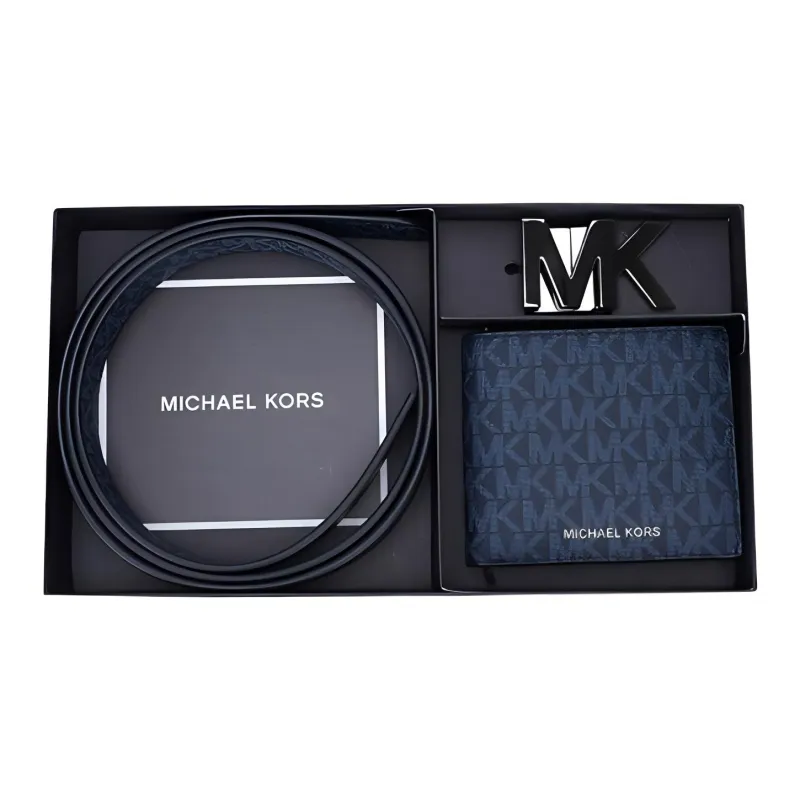 MICHAEL KORS Dense Carved Design Letter Print Smooth Buckle Leather Belts Men's Navy Blue-5
