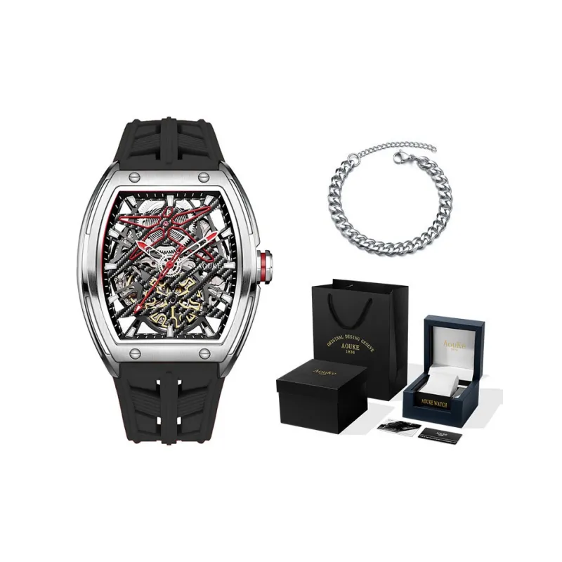 AOUKE Mechanical Movement Silicone Strap Watch Men's Watches Cut-Out Dial-38