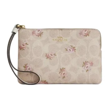 COACH Corner Zip Coated Canvas Clutch Small Size Women's Gold & Sand