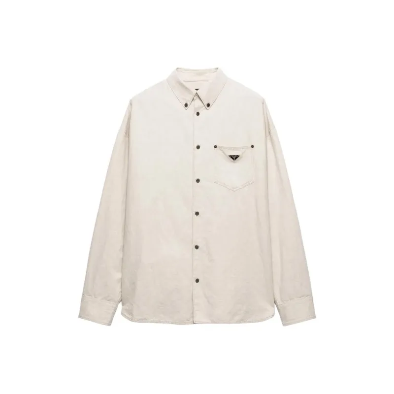 PRADA Chambray Triangle Logo Button Up Shirt-0