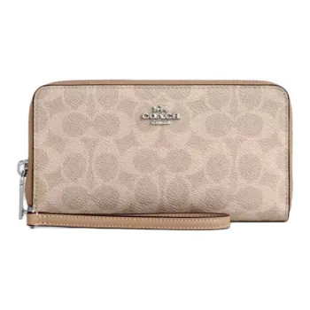 COACH Zip Around Coated Canvas Wallet Small Size Women's Silver & Sand & Taupe