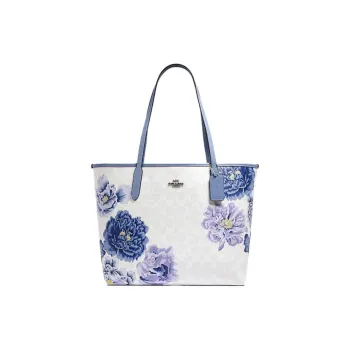 COACH City Canvas With Leather Tote Bag Shopping Bag Handbag Shoulder Bag Women's White Purple