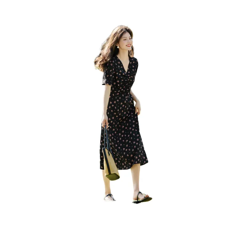 XWI Short Sleeved Dress Women's Black With Floral-1