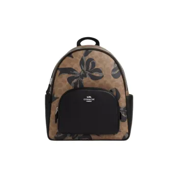 COACH Court Coated Canvas With Leather Backpack Tubas Women's Tan & Black Multicolor