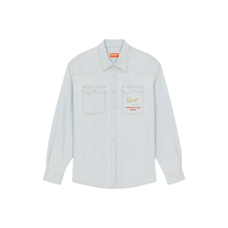 KENZO Logo Embroidered Denim Shirt-0