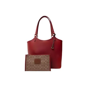 COACH Day Pebbled Leather With Coated Canvas Tote Bag Shopping Bag Handbag Shoulder Bag Women's Cherry Red