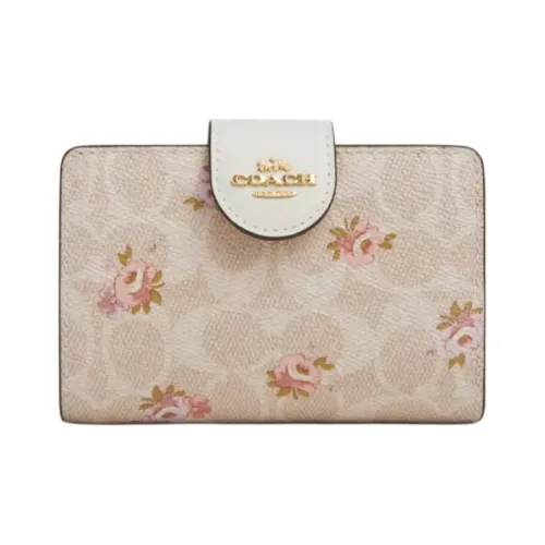 COACH Corner Zip Coated Canvas Wallet Medium Size Women's Gold & Sand