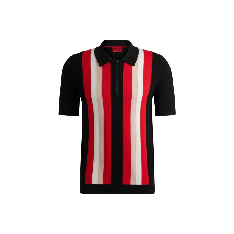 HUGO BOSS ZIP-NECK POLO SWEATER WITH VERTICAL STRIPES Polo Shirt Men's Black Red-0