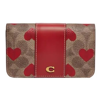 COACH Heart Cow Leather Patchwork Card Holder Mini Women's Brown & Red