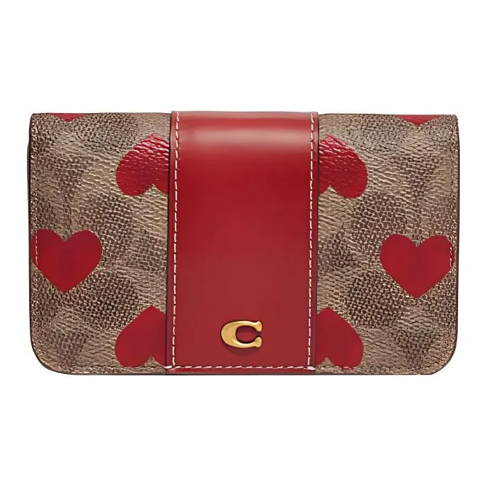COACH Heart Cow Leather Patchwork Card Holder Mini Women's Brown & Red-0