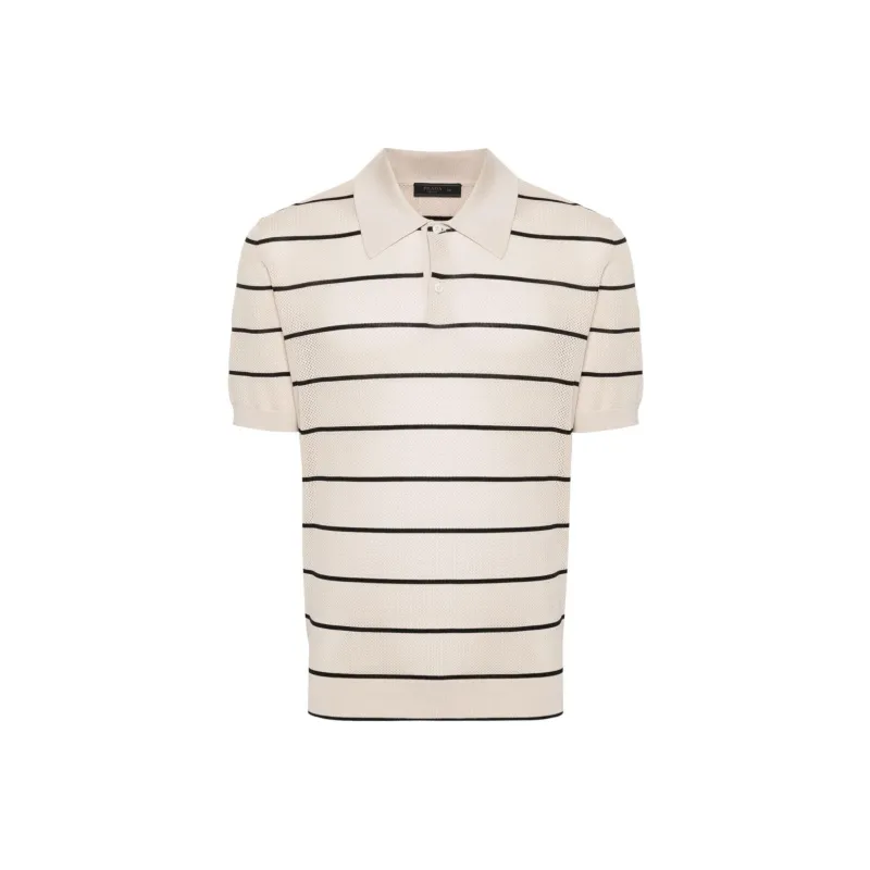 PRADA Short-Sleeved Striped Open-Knit Polo Shirt-0