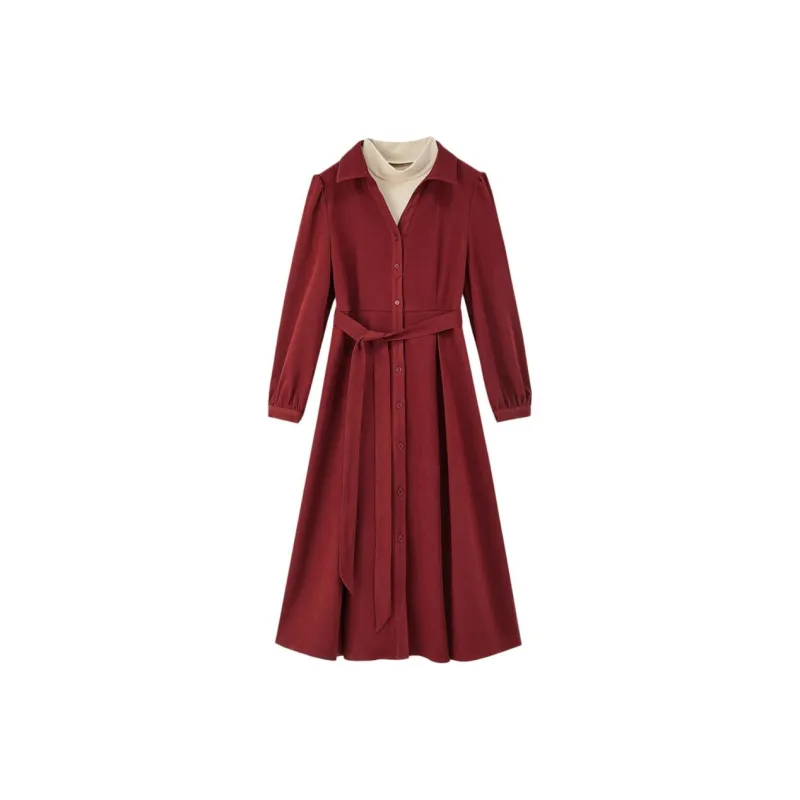 【dme】 Long Sleeved Dress Women's Sauce Red-3