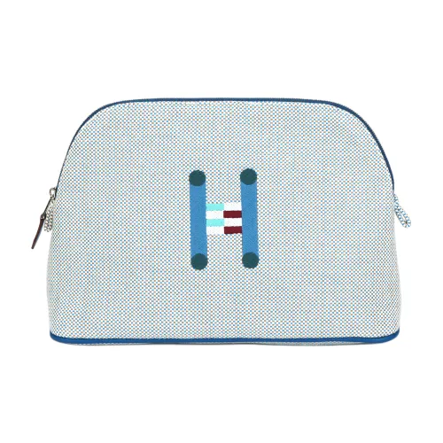 HERMES Bolide Cotton Bowling Bag Storage Bag Medium Size Women's Teal & Pebble Gray
