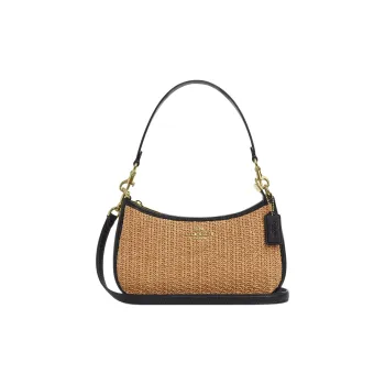 COACH Teri Straw Handbag, Shoulder Bag Medium Size Women's Khaki & Black
