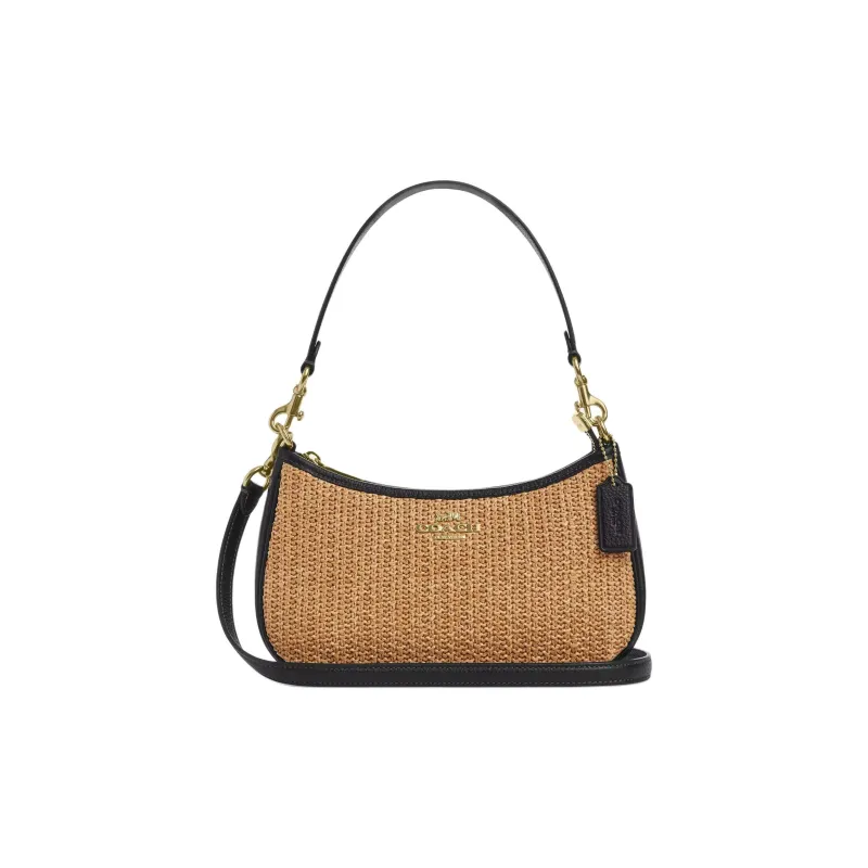 COACH Teri Straw Handbag, Shoulder Bag Medium Size Women's Khaki & Black-0