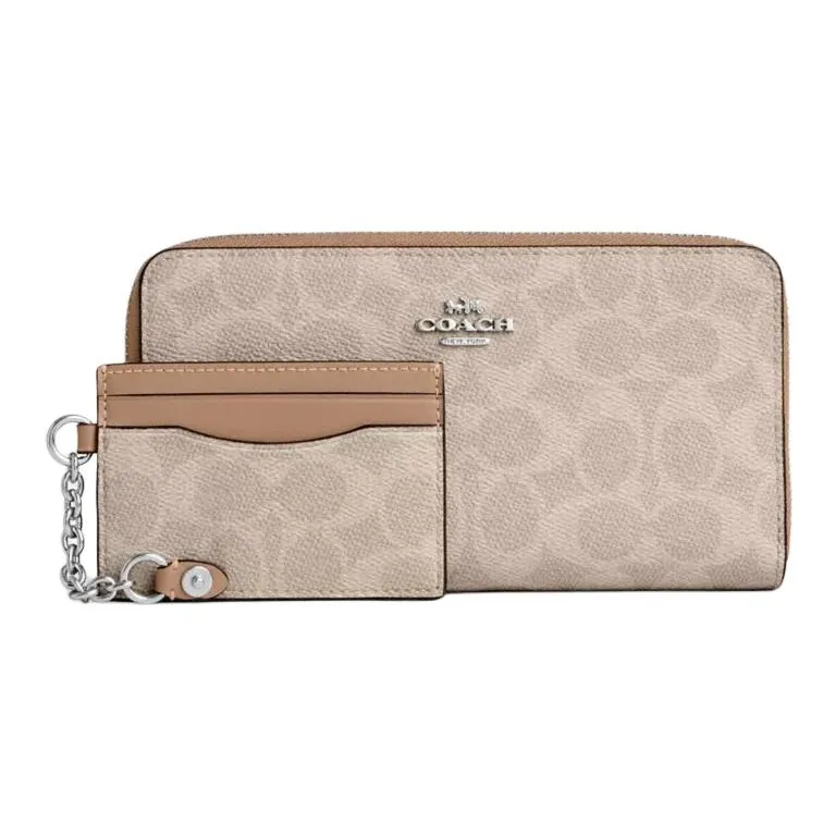 COACH Zip Around Coated Canvas Wallet Small Size Women's Silver & Sand & Taupe-1