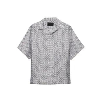 PRADA Short Sleeved Printed Silk Shirt Men's Light Blue