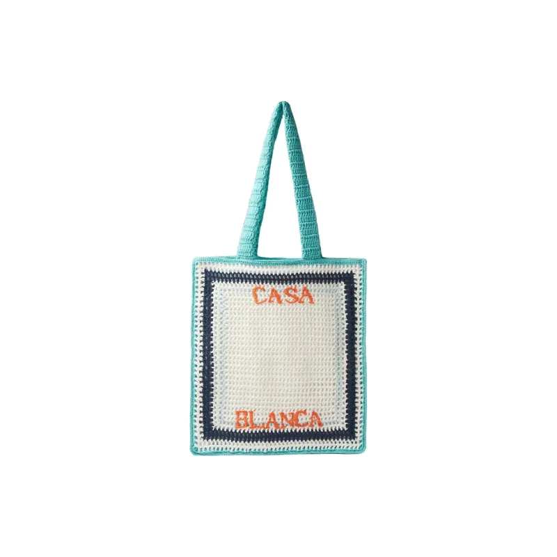 CASABLANCA Cotton Tote Bag, Shopping Bag, Handbag, Shoulder Bag Women's Ivory & Turquoise-0